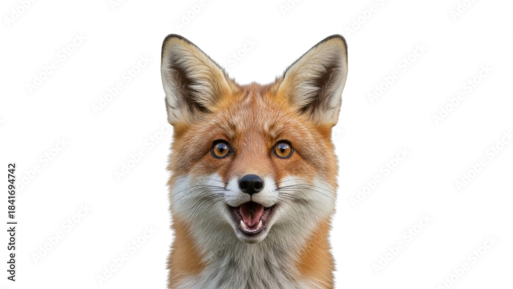 Obraz premium Frontal close-up headshot portrait of a wild Red Fox with surprised and happy expression isolated PNG with Transparent Background