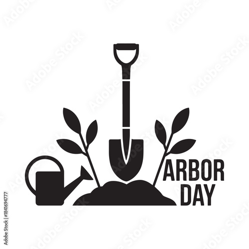 Simple black and white icon representing arbor day activities with a shovel, sapling, and watering can