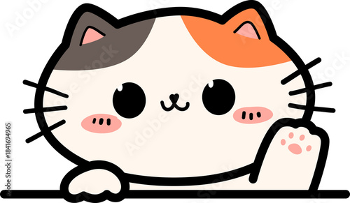 Fotografie Cute cartoon calico cat waving paw, Kitty greeting wave hand