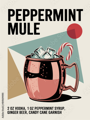 Retro 1960s style poster of a pink peppermint mule cocktail in a copper mug with candy cane garnish on geometric cream background