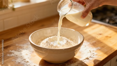 A hand pouring milk into a bowl of flour for baking. Preparing dough ingredients on a wooden countertop in a sunlit kitchen. Homemade cooking process