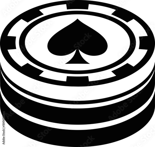 Stack of casino chips with a spade symbol. Gambling game. Poker token icon. Black and white gambling concept. Vector illustration