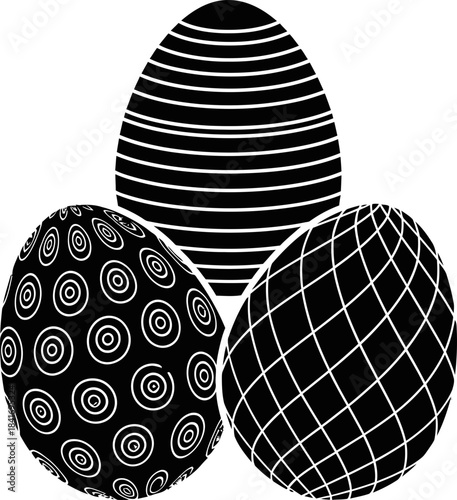 Three patterned Easter egg illustration. Trio of decorative ornate egg. Easter holiday season. Vector illustration for greeting card, banner, poster design