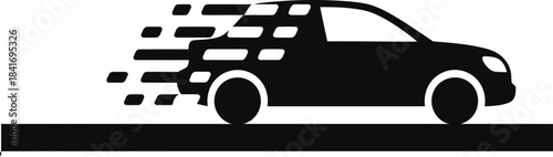 Black car symbol with speed lines representing fast transport or delivery. Flat racing vehicle icon. Isolated automobile vector illustration for app, web, signage