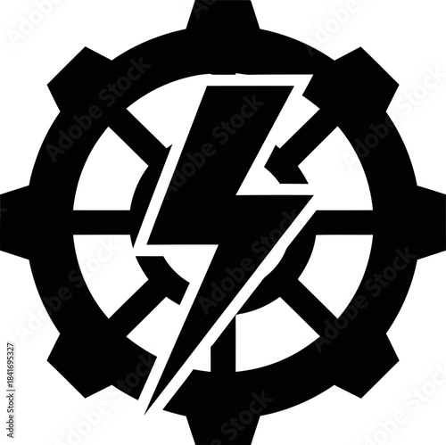 Lighting bolt, electricity or power symbol on a gear or cog wheel. Industrial power or electric concept. Black and white vector icon graphic
