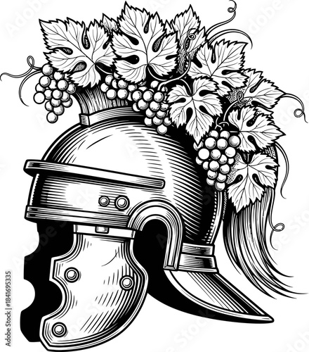 Roman military helmet with grapes and vine leaves, ancient military wear, traditional Roman symbol. Engraving style vector illustration for banner, poster, label