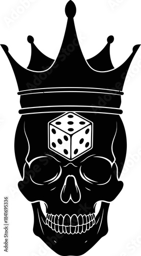 Skull wearing a crown with dice on its forehead, a concept of risk, luck, power, and death. Minimalist vector illustration