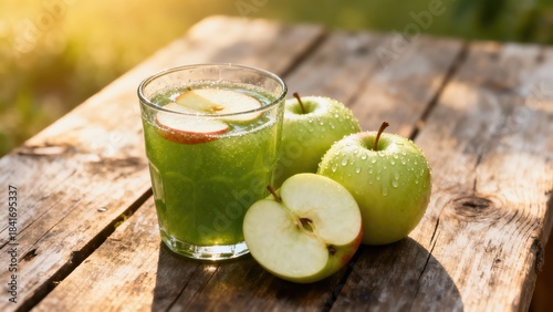 Fresh green apple juice in a glass on a rustic wooden table. Healthy organic detox drink outdoors in the summer sunlight. Healthy lifestyle and vegetarian diet concept