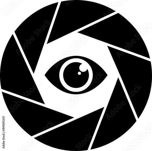 Eye in camera lens shutter. Photography concept and videography. Minimalist flat black symbol isolated on white background. Vector icon