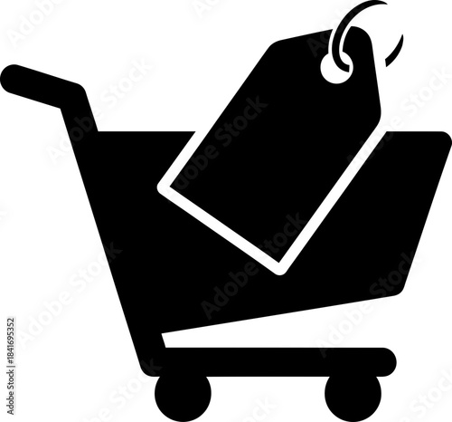 Black shopping cart icon with price tag symbol. E-commerce and retail concept. Vector illustration for online store, marketplace, mobile app