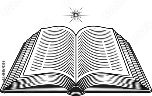 Open book with a shining star above, symbolizing knowledge, spirituality, wisdom, and truth. Engraved vintage woodcut style vector illustration