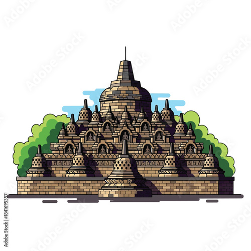 Borobudur Temple Illustration Depicting Ancient Architectural Marvels