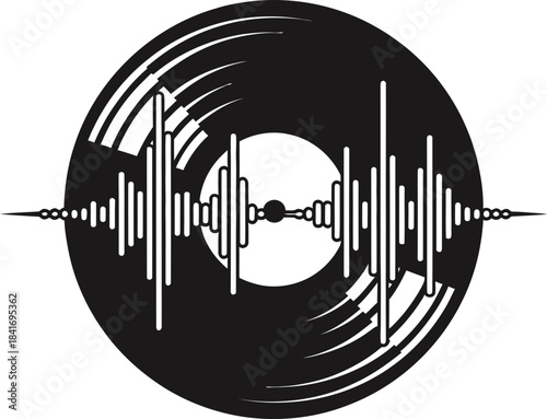 Vinyl record with sound wave as music icon. Audio technology symbol. Simple black white vector illustration graphic design for media, art, party
