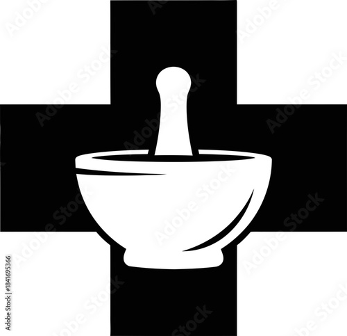 Mortar and pestle on medical cross symbol. Pharmacy and medicine concept. Minimalist flat design vector icon for health, safety, care, drug store