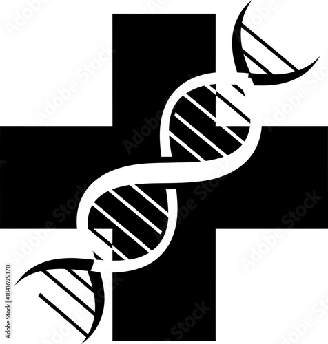 Black cross with DNA helix spiraling around it. Medical and genetics concept. Health and science symbol. Vector icon for logo, clinic, laboratory
