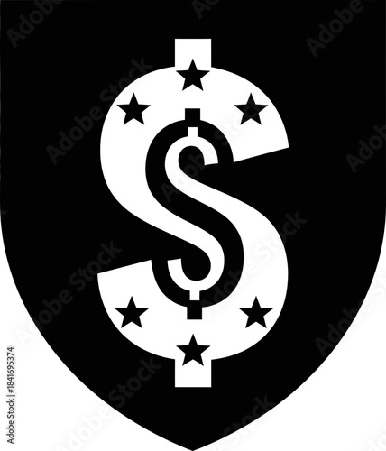 Dollar currency symbol with stars on a black shield. Financial security and money protection concept. Monochrome vector icon for business design