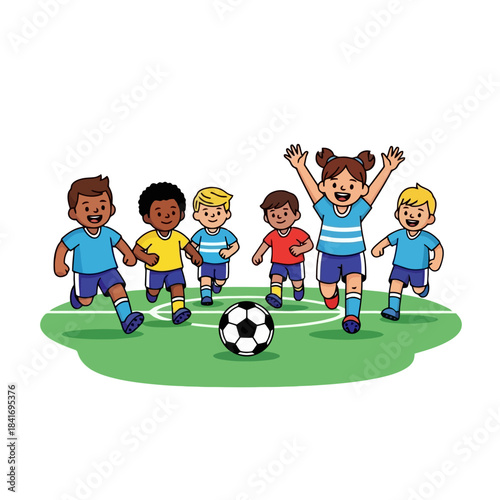 Diverse Kids Playing Soccer on Green Field, Cartoon Vector Illustration
