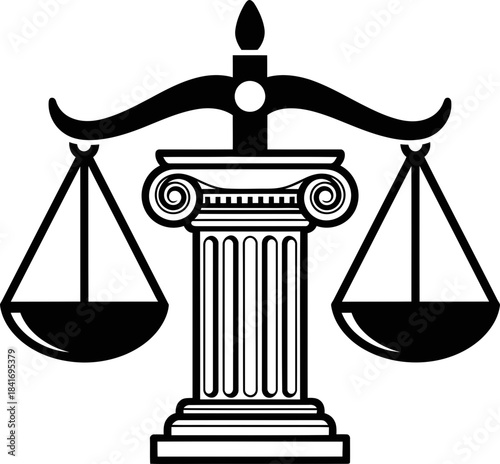 Justice scale icon on a column, representing law, balance, and judgment, vector symbol for legal services or court related designs