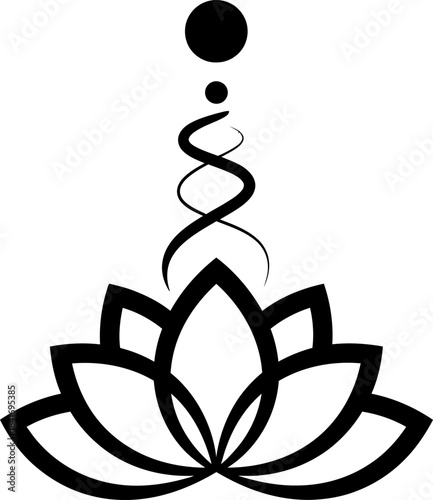 Abstract sacred geometry icon showing lotus flower with DNA spiral and dot above, spiritual growth and harmony concept, vector illustration graphic