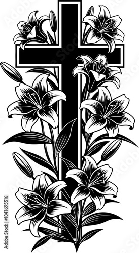 Black cross with white lily flower, bloom plant. Religious symbol, memorial or funeral concept. Vector illustration for greeting card, banner