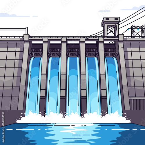 Modern Hydroelectric Dam with Water Cascading Through Gates, Blue Sky