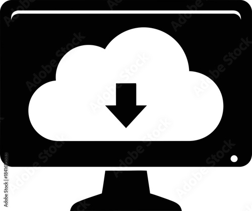 Cloud download symbol on computer monitor screen. Data transfer concept. Vector icon for app, web design, interface, button