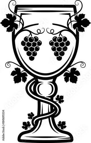 Chalice icon with grape vine. Religious symbol for Eucharist, Passover, or spiritual ceremony. Classic holy sacrament vector illustration