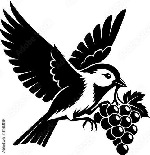 Bird flying with a bunch of grapes in its beak. Vineyard or harvest concept. Flat minimalist design. Vector illustration for logo, emblem, icon