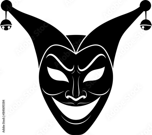 Black jester mask with bells and sharp smile. Masquerade, Mardi Gras, carnival playful symbol. Vector isolated illustration for logo, icon, theater