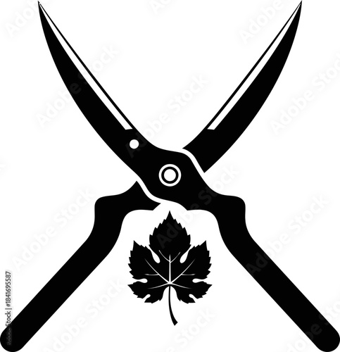 Crossed pruning shears tool with grape leaf in minimalist black and white flat graphic style. Garden work and agriculture concept. Vector icon