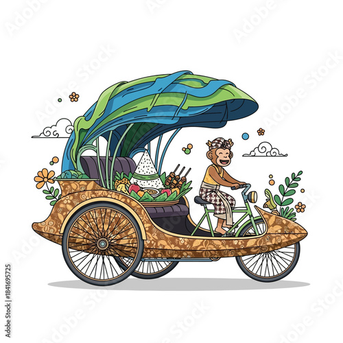 Illustration of a smiling monkey riding a decorative rickshaw with food