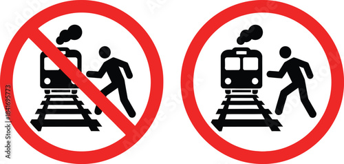A minimalist vector illustration of two warning signs showing train crossing with and without prohibition on a white background