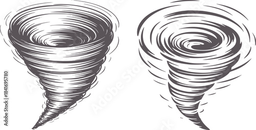 Black and white hand drawn of two tornadoes swirling