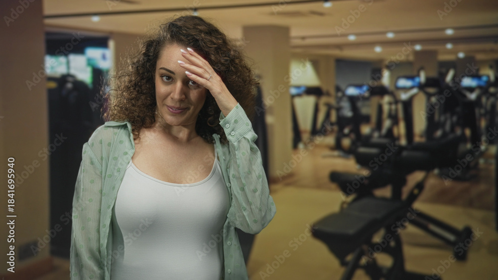 Fototapeta premium Woman hand on forehead wearing white tanktop in gymnasium building by weight benches after workout; post workout fatigue.