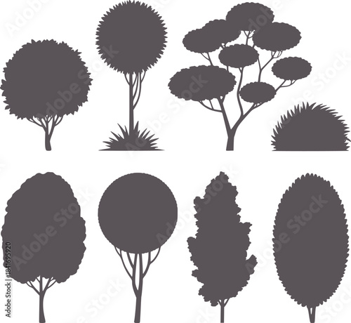 Black and white silhouette of various trees and shrubs