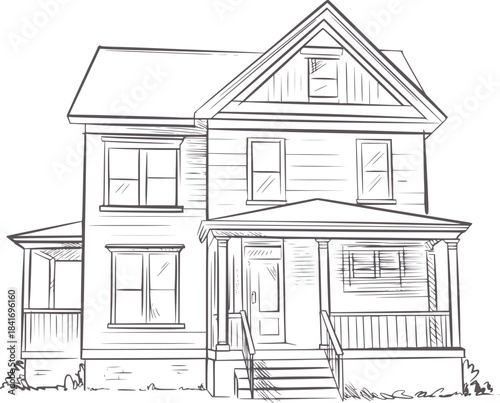 Black and white style two story house with porch and stairs