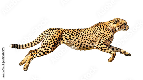 Running cheetah PNG isolated on transparent background, wild cat with black spots in full sprint for wildlife and nature designs