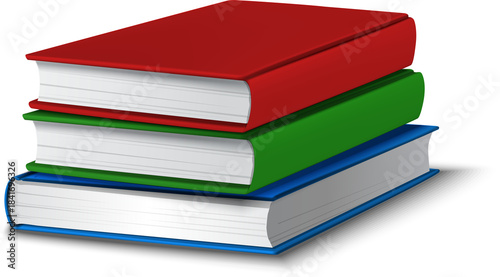 A stack of three colorful hardcover books in red, green, and blue on a white background isolated on transparent background