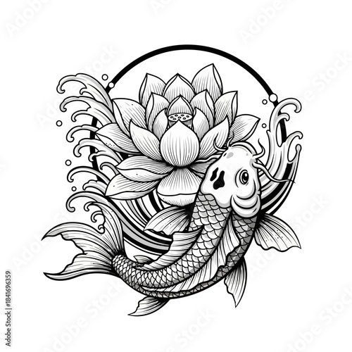 Koi Fish and Lotus Flower: Elegant Japanese Tattoo Design Vector Art