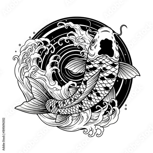 Black and White Koi Fish Illustration with Dynamic Waves and Circular Swirls