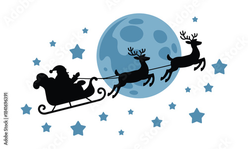 Santa Claus and Reindeer Flying at Night merry Christmas concept 