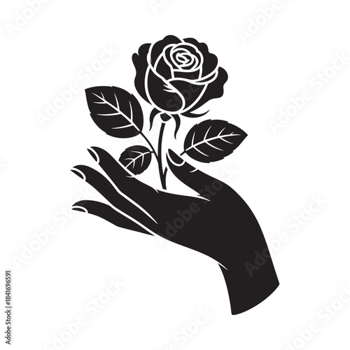 A delicate black and white illustration of a hand gently holding a rose
