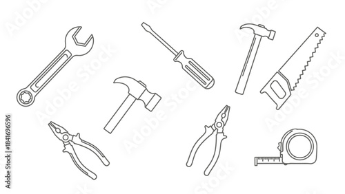 Outline drawings of various hand tools for construction and repair on white