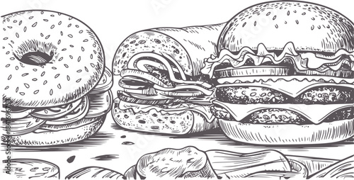 Detailed black and white of bagels and sandwiches cross section