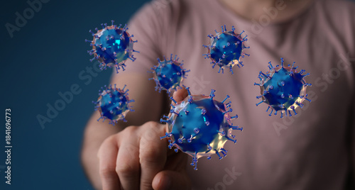 Schilderij op canvas Person interacting with floating coronavirus cells, concept of prevention, digit
