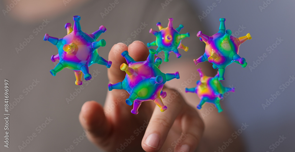 Fototapeta premium Artistic rendering of viral particles interacting with human touch. Conceptual illustration of health science