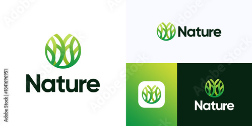 Circle green plant logo icon design vector, representing nature for field or land, tree leaf foliage symbol with line stylized for growth agriculture, ecology environment protection and brand identity