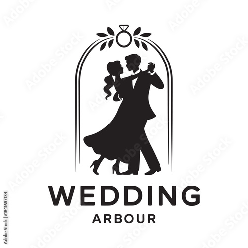 Elegant wedding arbour logo featuring a romantic silhouette of a dancing couple under an arch