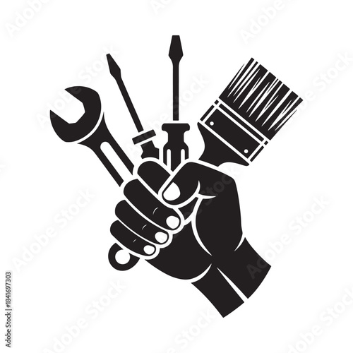 A hand firmly gripping various repair tools including a wrench and paintbrush