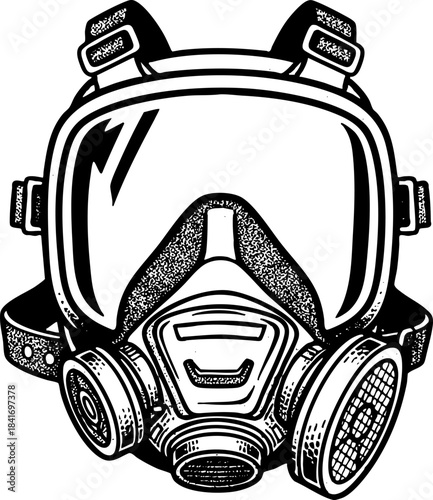 Full-face respirator mask safety equipment monochrome illustration.